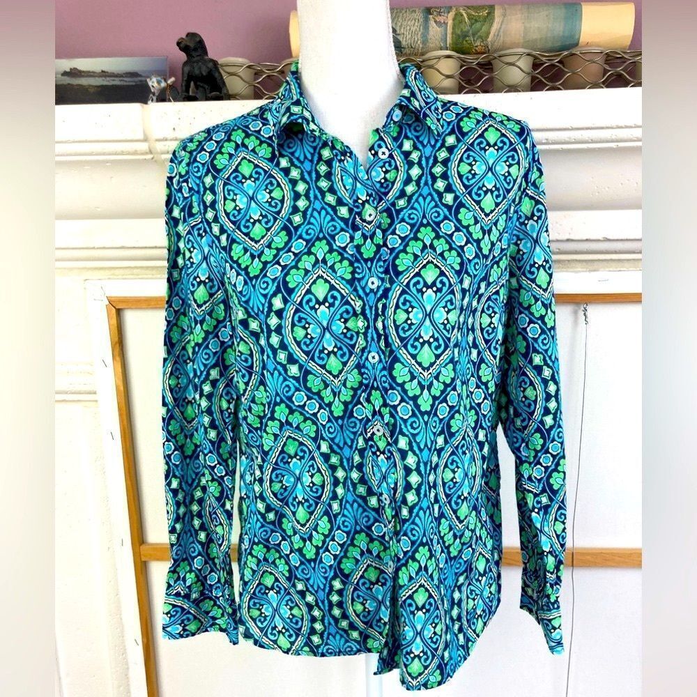 Talbots Bright pattern cotton poplin preppy button down shirt NWOT